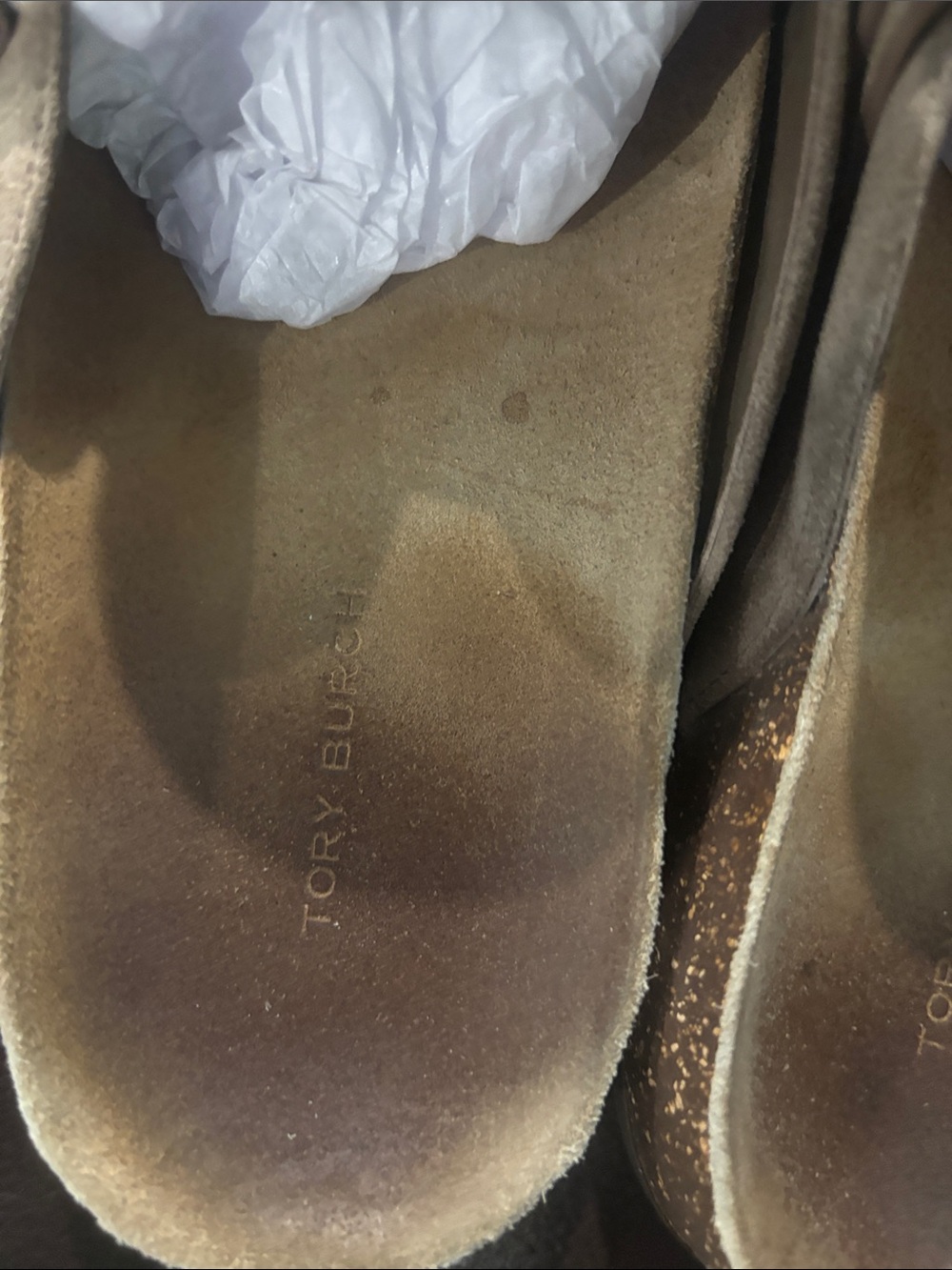 Tory Burch Taupe Suede Slide Mules with Gold Logo Accent - Picture 6 of 10